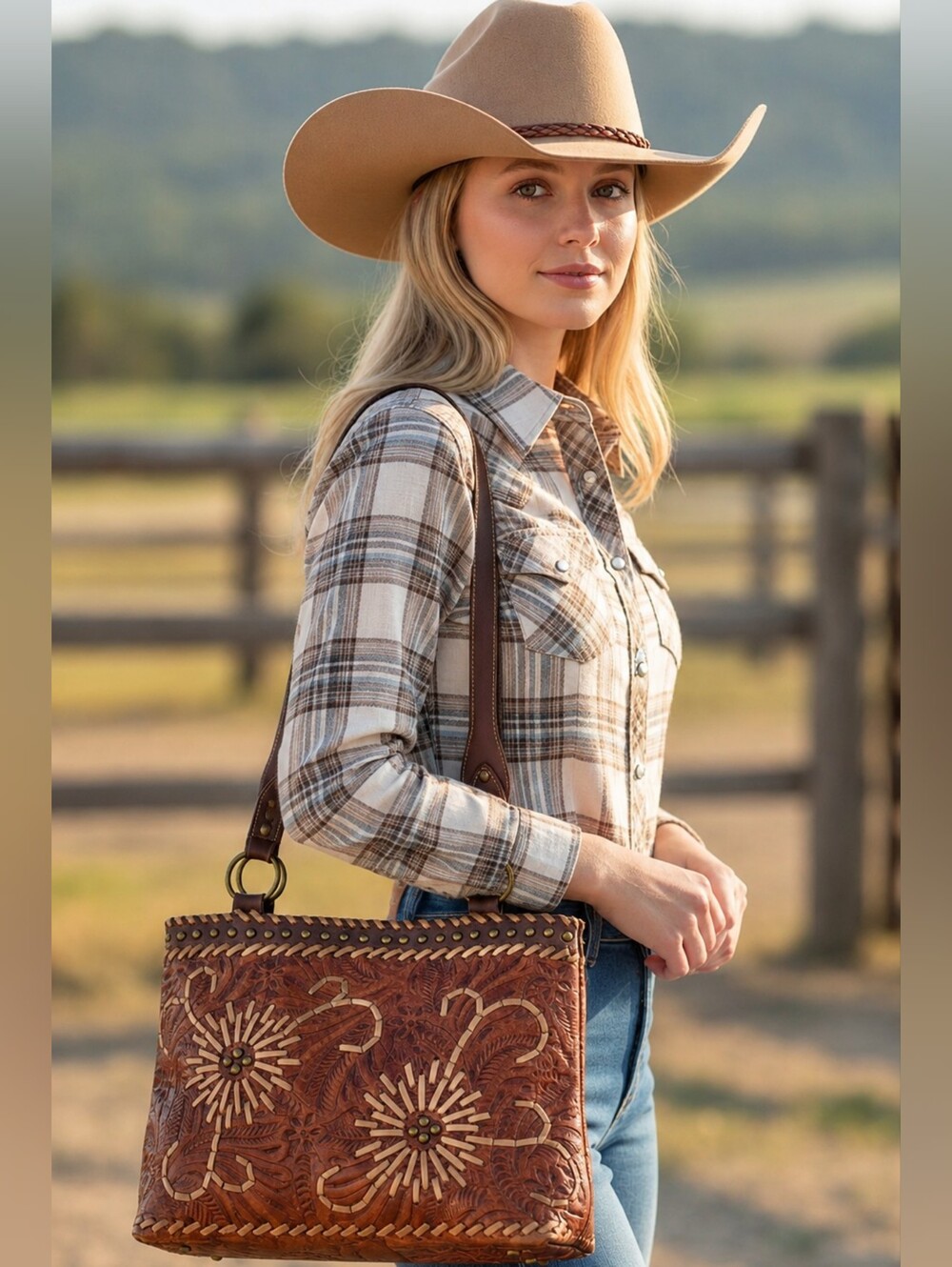 Vintage American West Tooled Sunflower Applique Tote